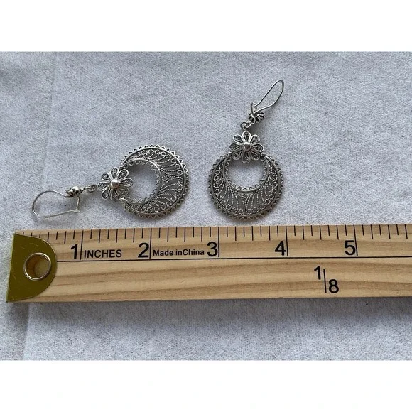 Vintage DGS Turkey Sterling Silver Crescent Moon Floral Dangle Earrings - Picture 6 of 6